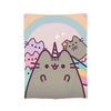A pastel-colored illustration of several cats silhouetted against a rainbow background on a soft blanket.