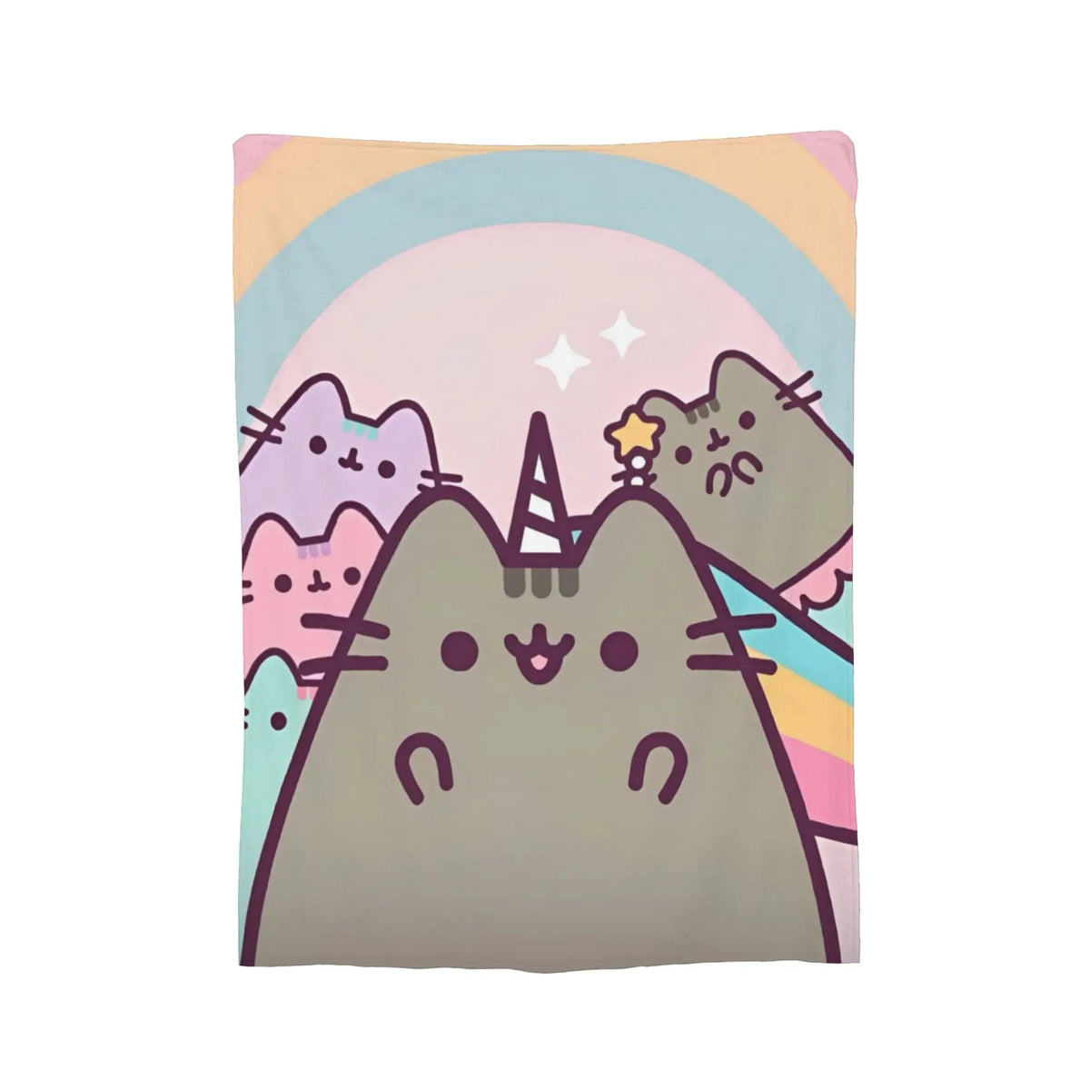 A pastel-colored illustration of several cats silhouetted against a rainbow background on a soft blanket.
