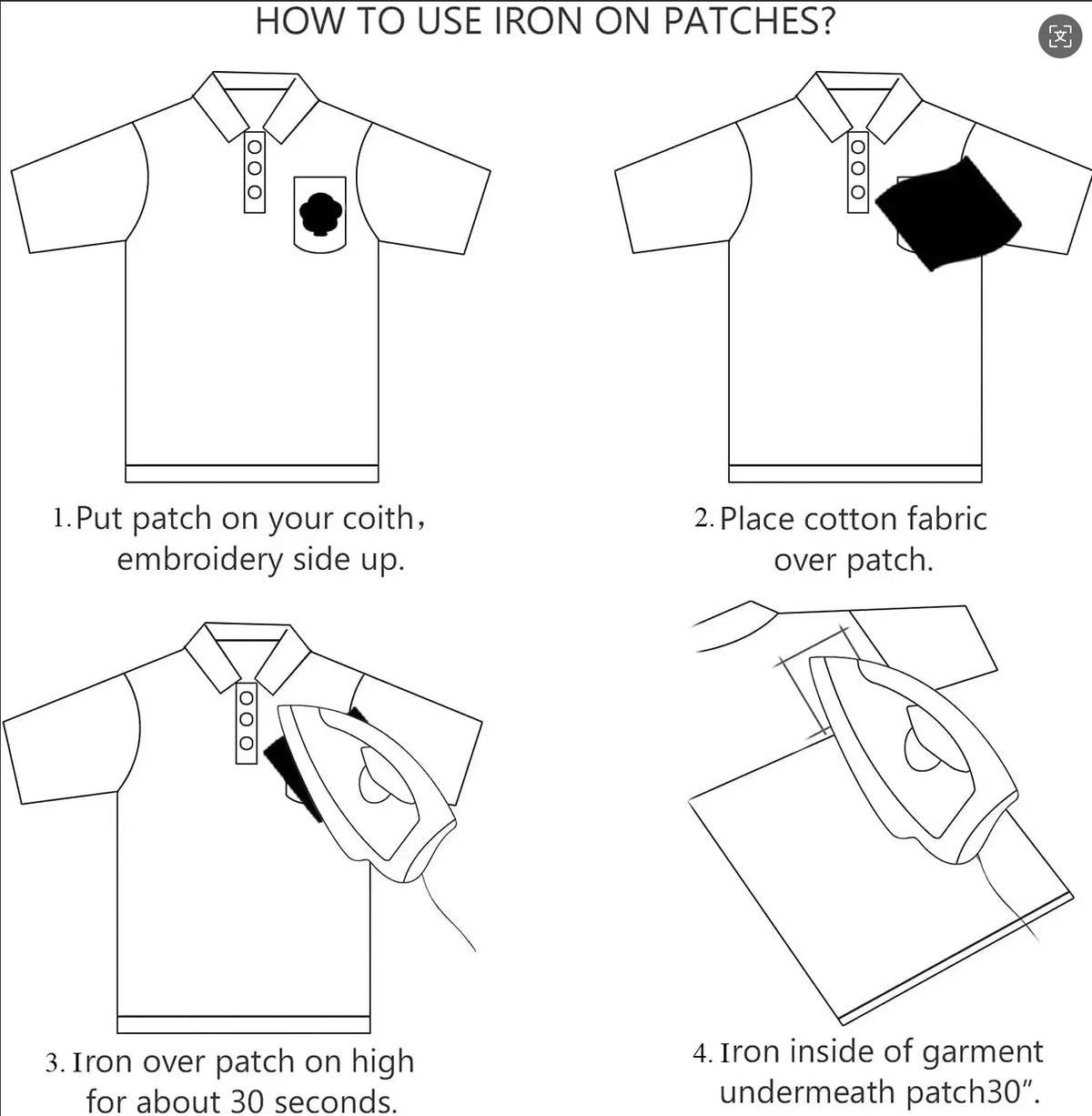 Instructions showing how to use an iron on patches, including placing the patch and ironing it for 30 seconds.
