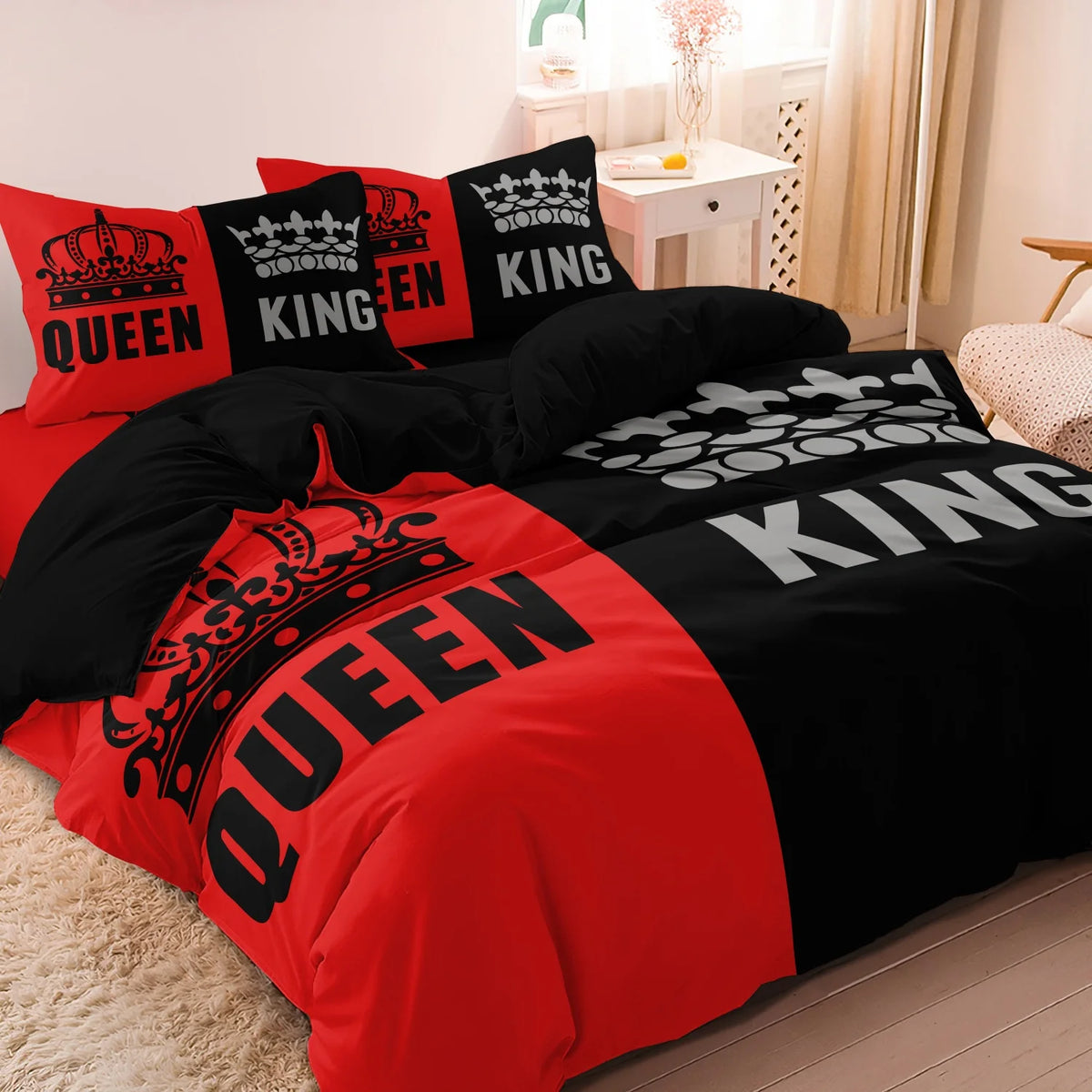A set of three black and grey couple themed duvet covers featuring queen and king designs.