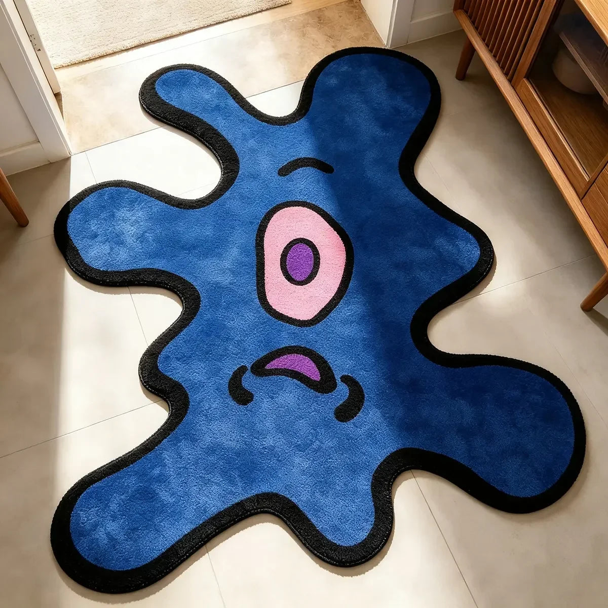 A blue and pink playful one-eye monster shaped area rug on a light floor.