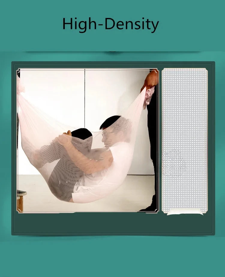 A large four-door mosquito net is shown in a framed view, demonstrating high-density mesh fabric.