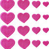 A collection of 24 pink iron-on love heart embroidered patches in various sizes and shades.