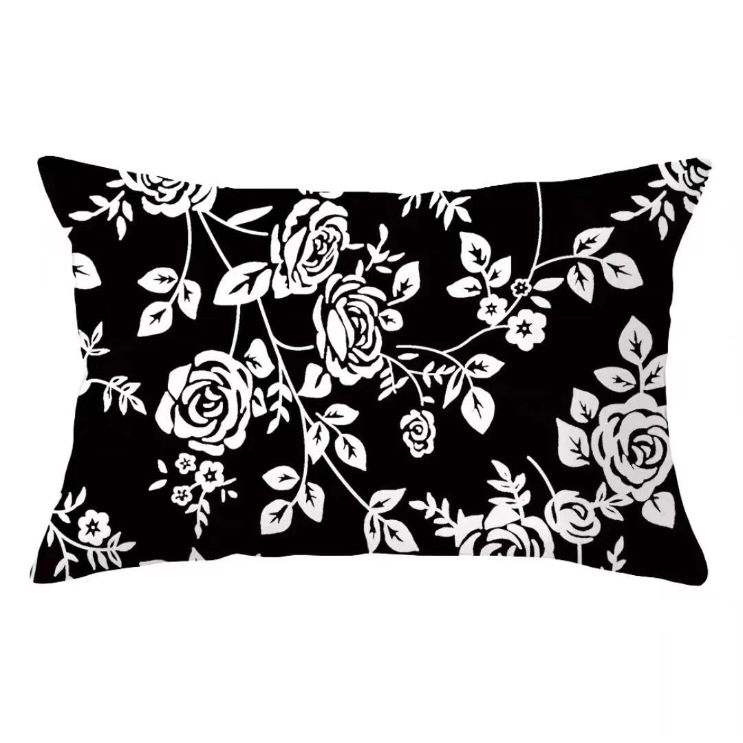 Black and white floral pattern decorative pillow cover