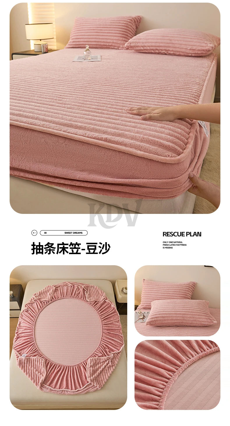 Pink plush rabbit winter fitted bed sheet set showing the sheet and various fabric textures