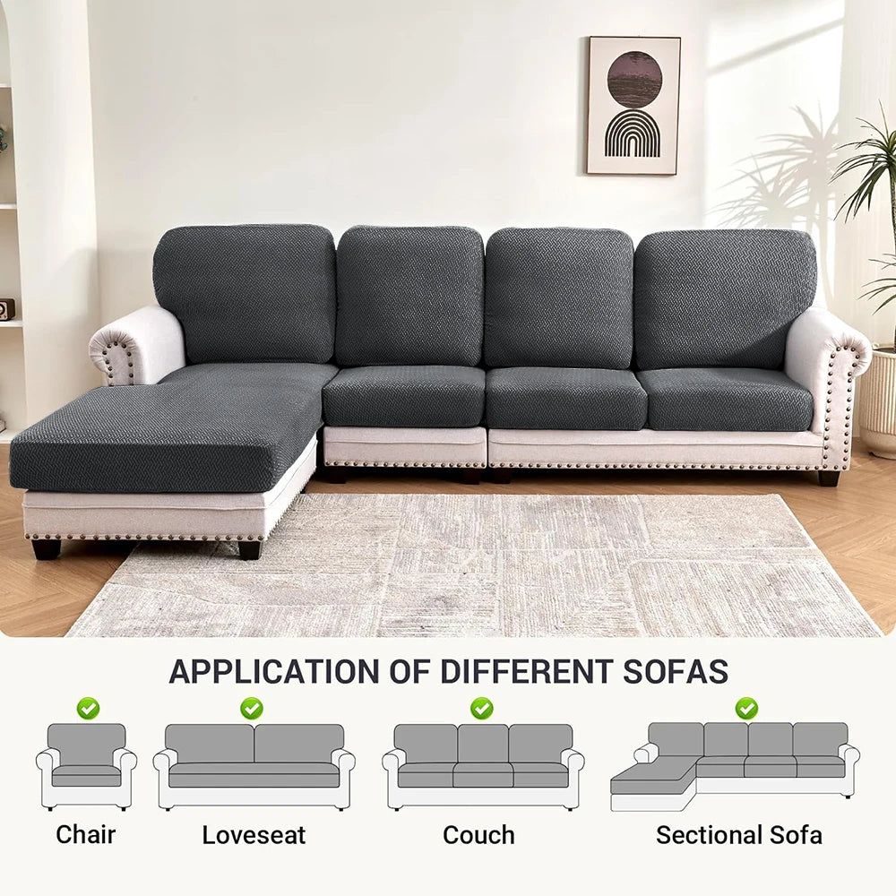 A gray stretch sofa cushion cover displayed in various configurations including a chair, loveseat, couch, and sectional sofa.