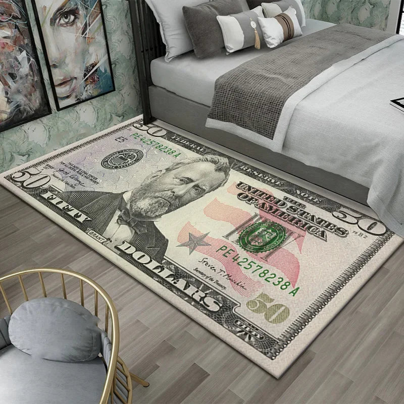 A rectangular area rug featuring a vintage fifty dollar bill design with a portrait and stars.