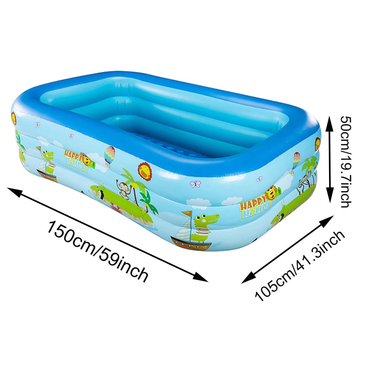 Blue inflatable pool for backyard fun with a colorful design and dimensions.
