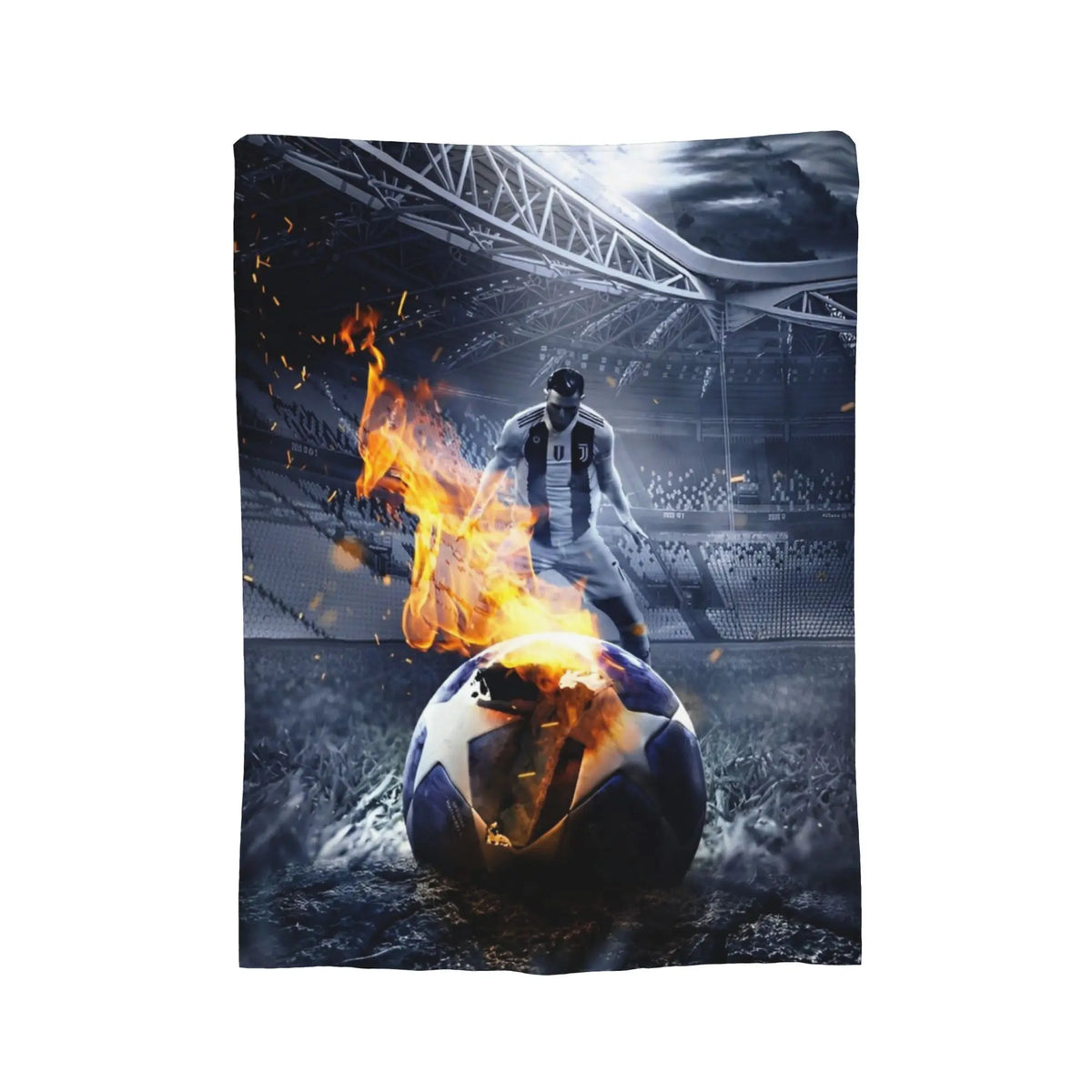 A dark football player stands in a stadium with flames surrounding a soccer ball on a blanket.