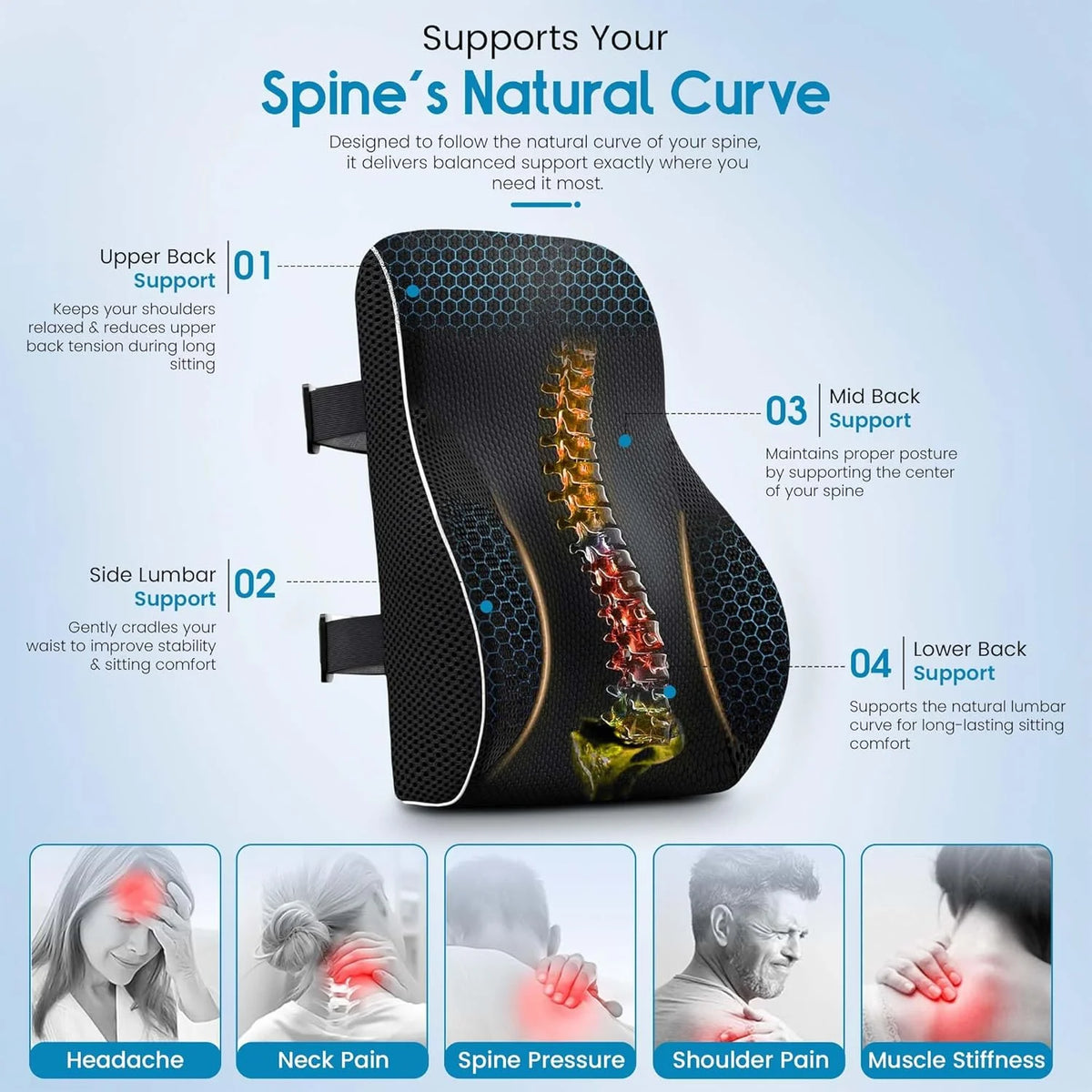 Black memory foam lumbar support pillow designed to follow the spine's natural curve for sitting comfort