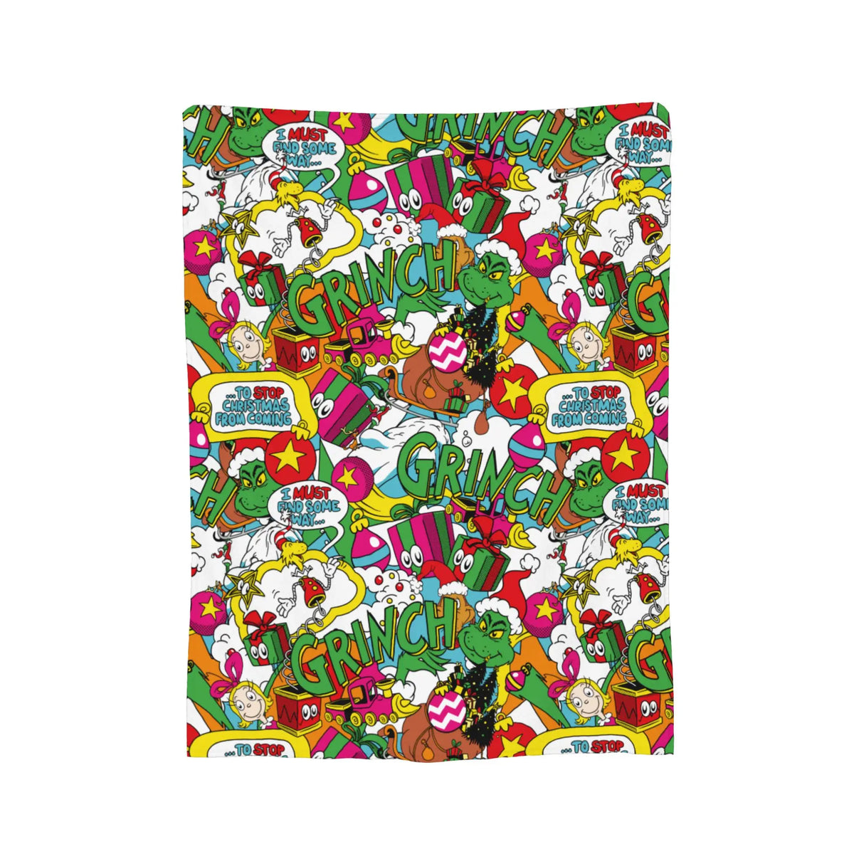 A colorful fabric throw blanket featuring a pattern of cartoonish green and yellow characters and gifts.