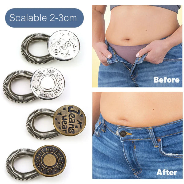 Metal button extender for jeans waistbands showing before and after results