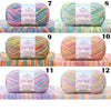 Twelve spools of 4-ply cotton knit yarn in various pastel colors and shades displayed in numbered groups.