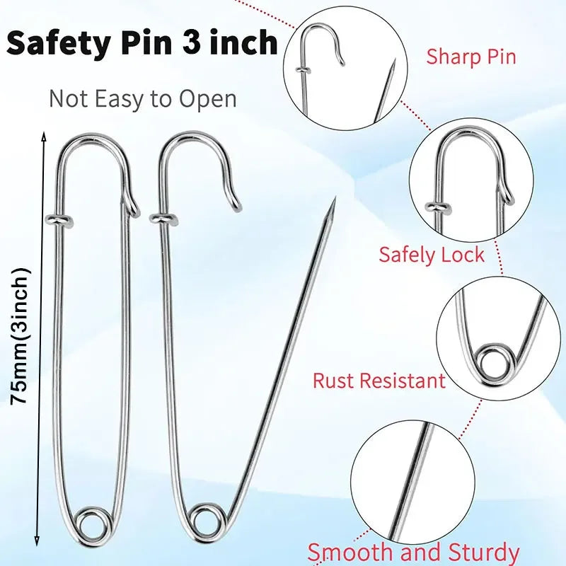 Stainless steel safety pins shown with various features including sharp pin, safety lock, rust resistance, and smooth finish.