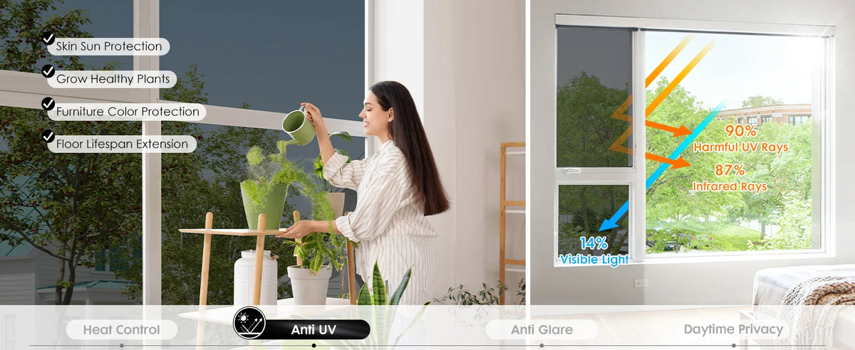 A woman is tending to plants near a window featuring one-way privacy film that blocks UV rays and heat.