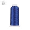 A roll of deep blue polyester embroidery thread with a white core.