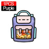 A purple cartoon goodie bag with a handle and a clear window filled with colorful candies.