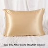 A smooth satin pillowcase in a champagne gold color is shown lying flat.