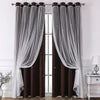 Pair of floor length sheer and blackout decorative curtains in brown and gray tones hanging on a rod