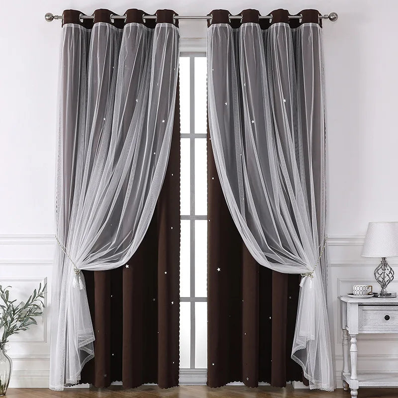 Pair of floor length sheer and blackout decorative curtains in brown and gray tones hanging on a rod
