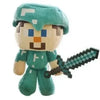 A plush toy resembling a green dragon with a teal helmet and a black sword.