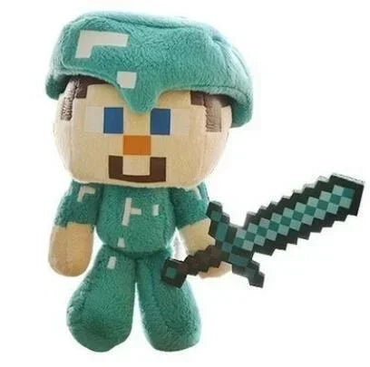 A plush toy resembling a green dragon with a teal helmet and a black sword.