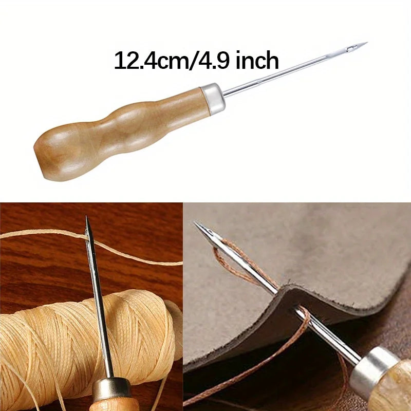 A wooden sewing needle and thread kit with a leather tool used for crafting.