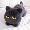 A dark gray kawaii black cat plush toy lying on a white surface.