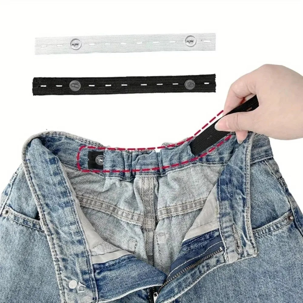 Invisible self-adjusting belt tightener shown with separate strips and a denim garment.