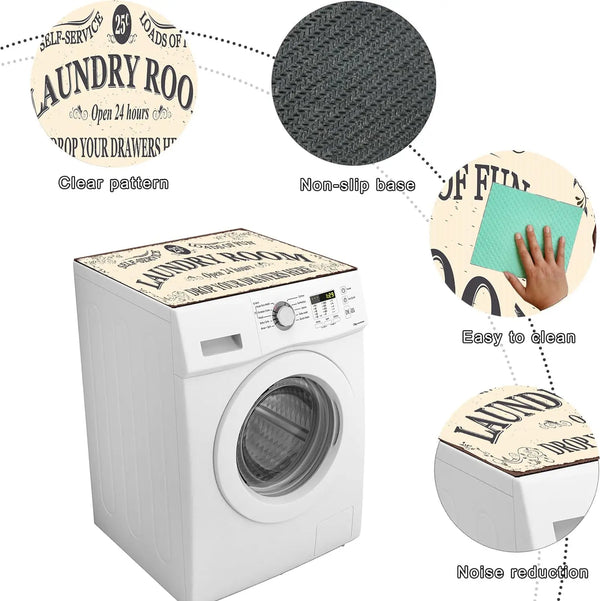 A white laundry room appliance protection mat with clear pattern, non-slip base, and features for easy cleaning and noise red
