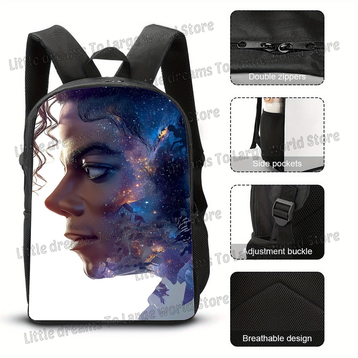 Black backpack featuring a detailed portrait of a person against a cosmic background with multiple pockets and adjustment buc