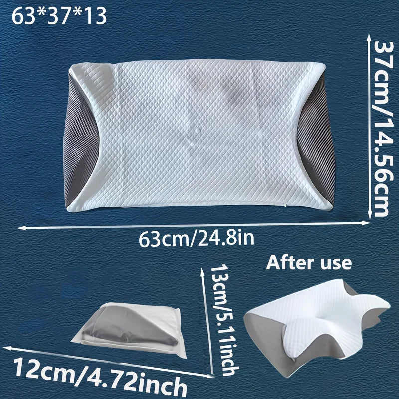 White memory foam pillowcase with gray fabric showing dimensions and usage examples.