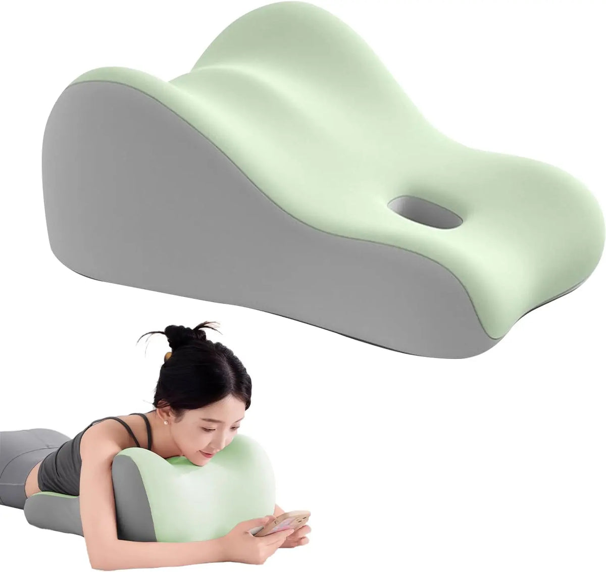 A light green memory foam wedge pillow is shown next to a person using it for support.