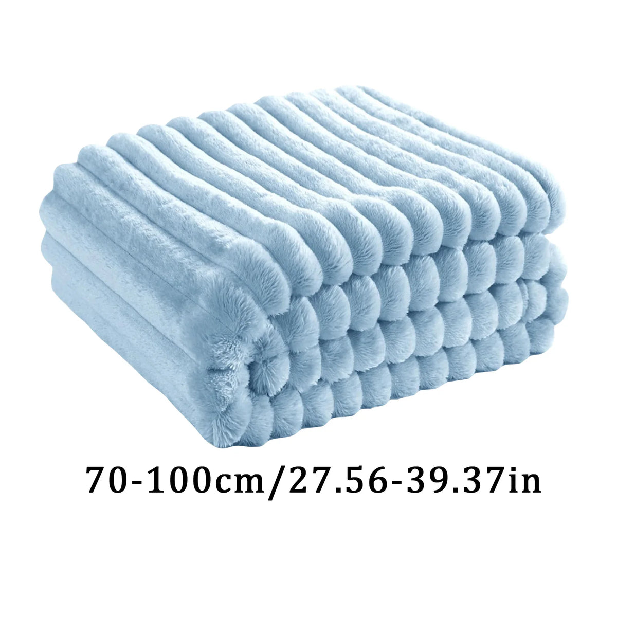 A stack of light blue fluffy flannel throw blankets.
