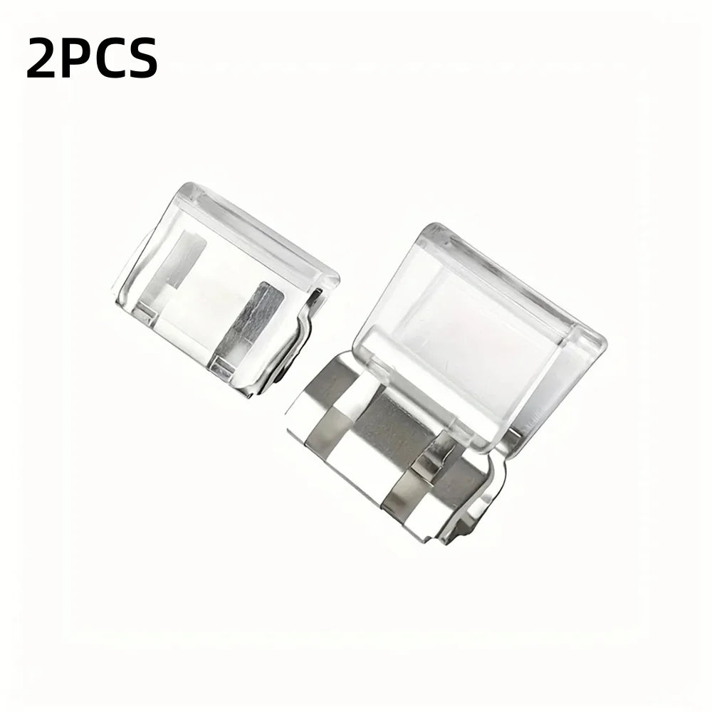 Two clear plastic invisible pant hem adjuster clips for no-sew trouser shortener
