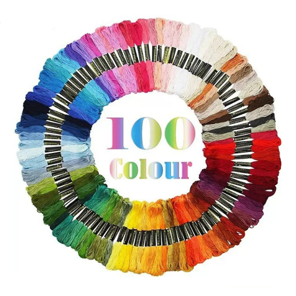 A circular display of 100 vibrant colours in a cross-stitch thread set.