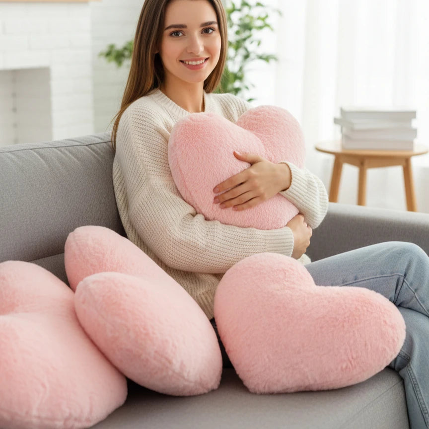 A woman is sitting on a sofa surrounded by pink heart-shaped plush cushions.