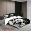 A floral bedding set featuring a white rose pattern on a dark background displayed on a bed.