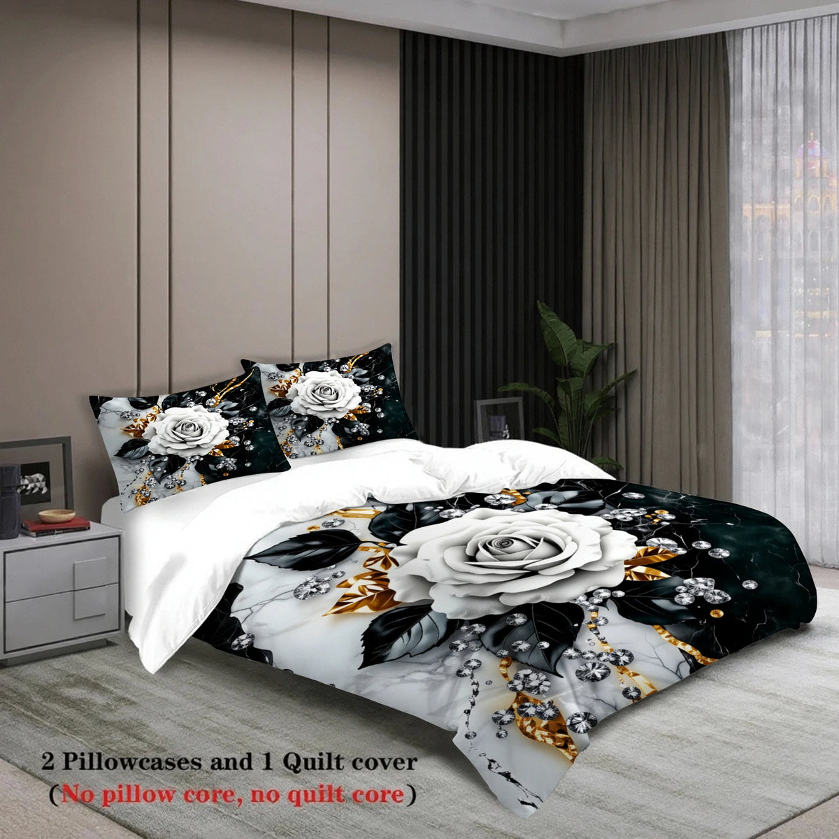 A floral bedding set featuring a white rose pattern on a dark background displayed on a bed.