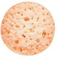 A round, light orange pizza crust or flatbread on a white background.