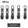 Five black replacement metal zipper pulls shown individually against a white background.
