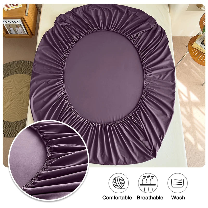 Purple cooling fitted sheet with elastic edges showing comfort, breathability, and washability features