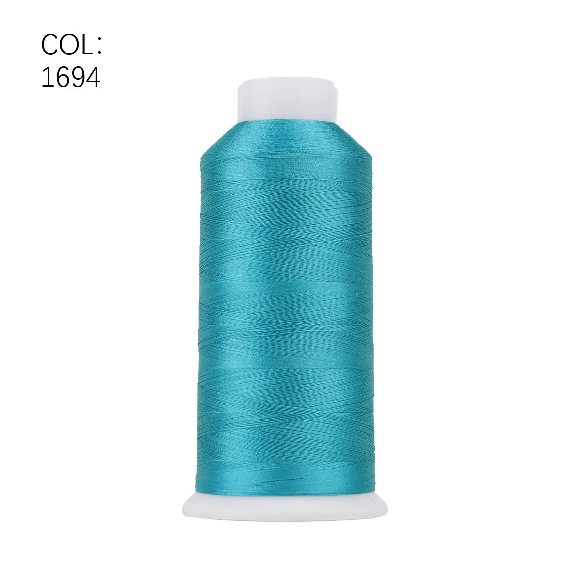 A roll of teal blue polyester embroidery thread with a white core and cap.