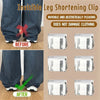 Before and after images showing invisible leg shortening clips used to adjust pant hems.