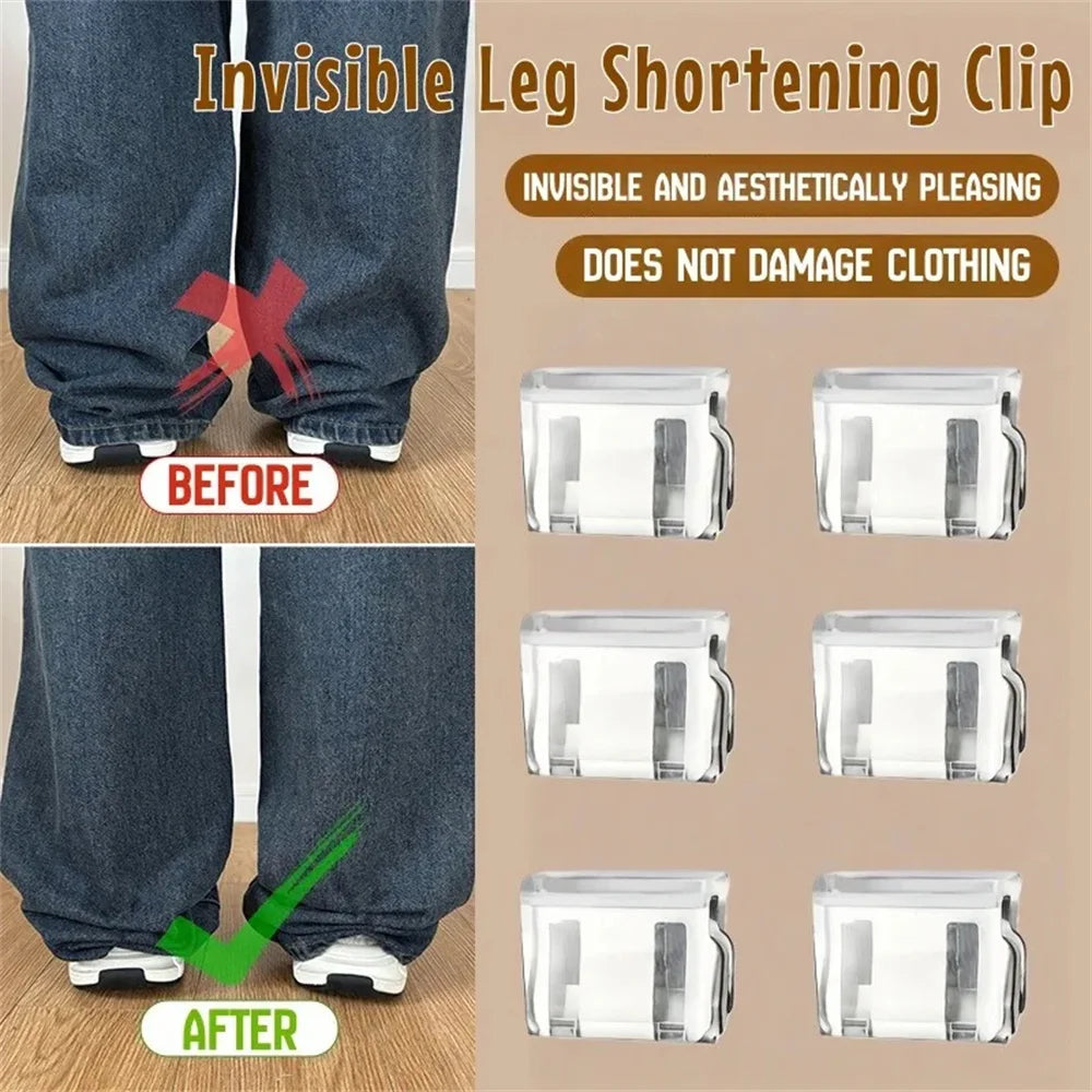 Before and after images showing invisible leg shortening clips used to adjust pant hems.