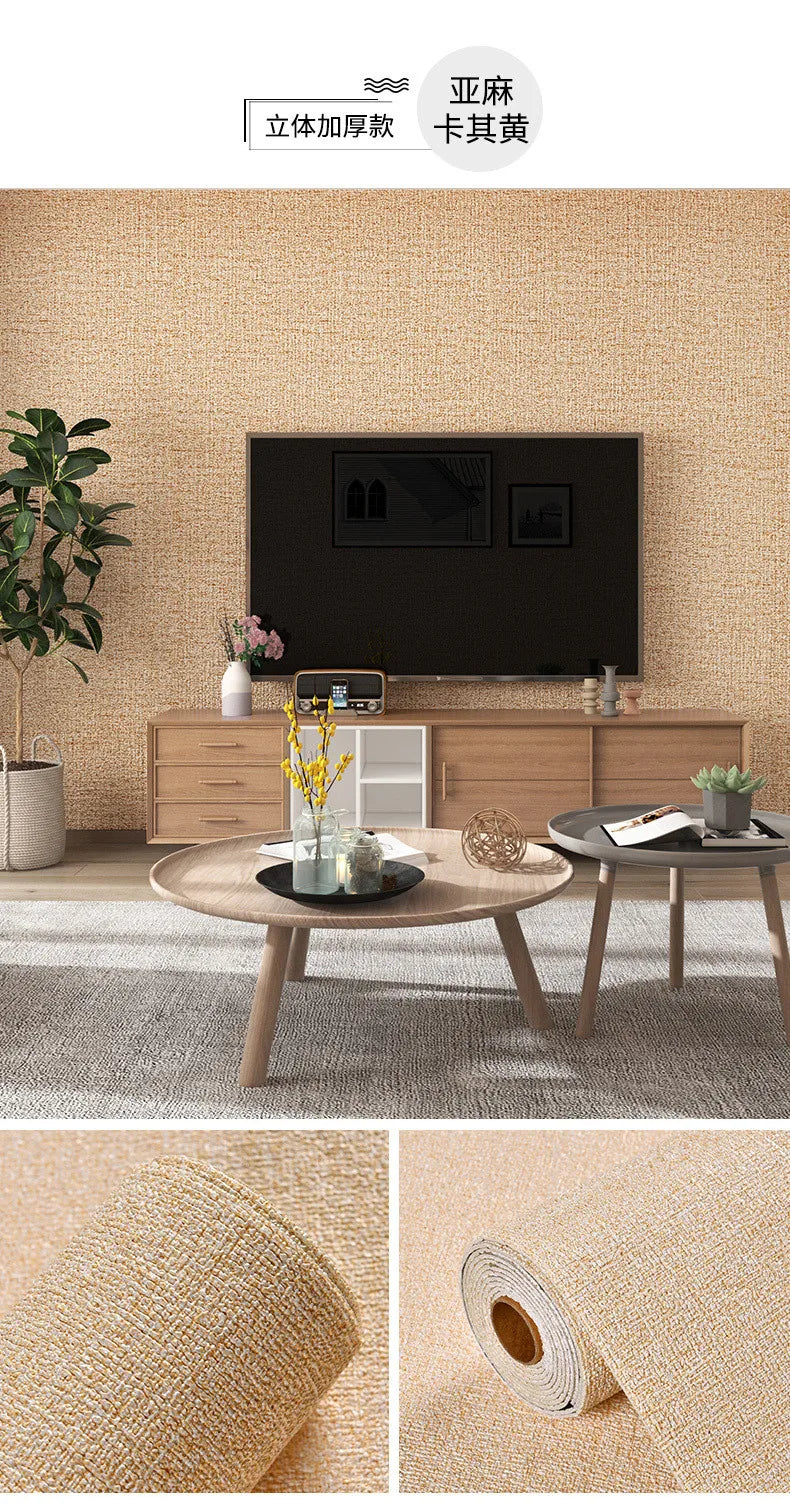 Close-up view of self-adhesive 3D thermal insulation wallpaper with a linen texture in beige color.