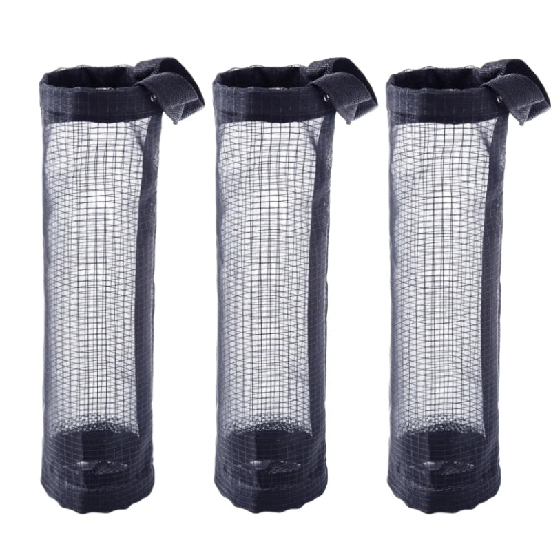 Three hanging mesh trash bags in black for kitchen and bathroom organization