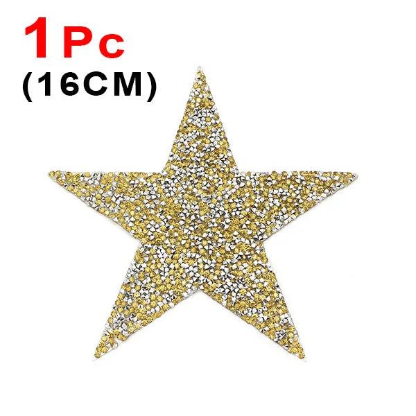 One piece of a gold and silver glitter rhinestone star iron-on patch, 16cm in size.