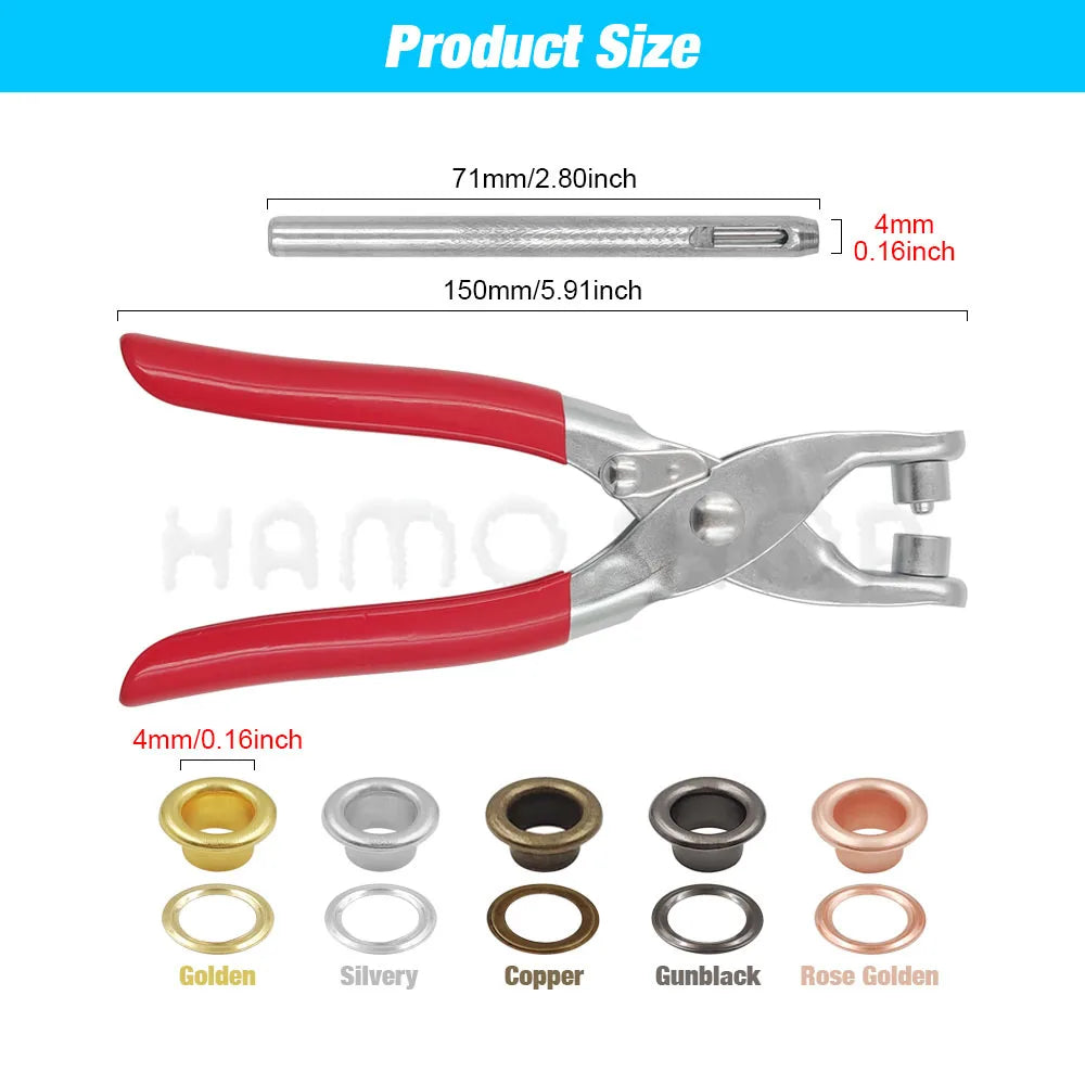 A set of precision eyelet punch and grommet tools with various colored tips including golden, silvery, copper, gunblack, and 