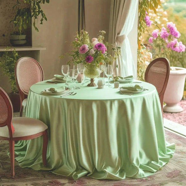 A light green satin table overlay cloth draped on a round table set for a meal with flowers and glassware.